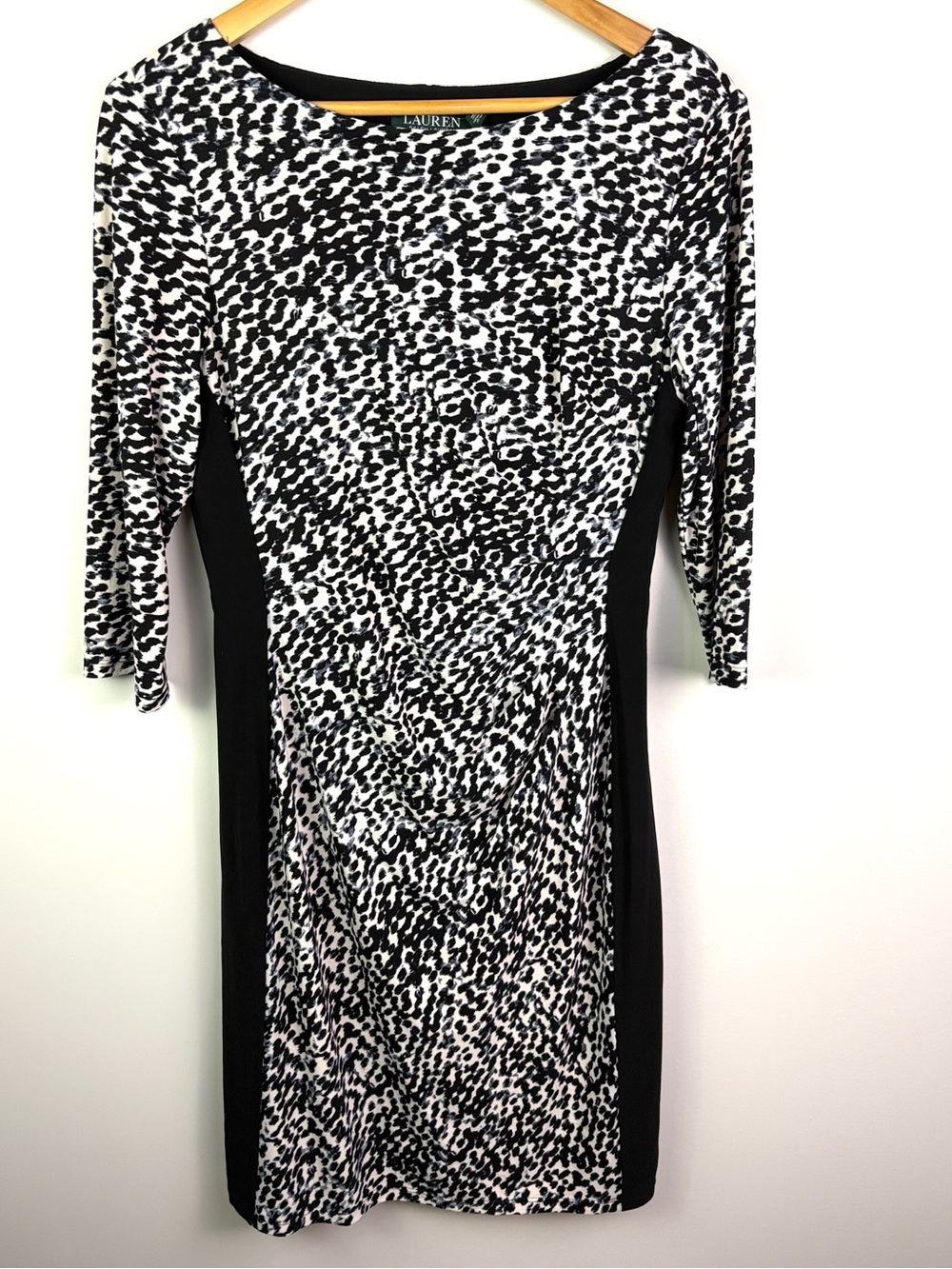 NWT Lauren Ralph Lauren Black & White Printed Side-Panel Sheath Dress size 12